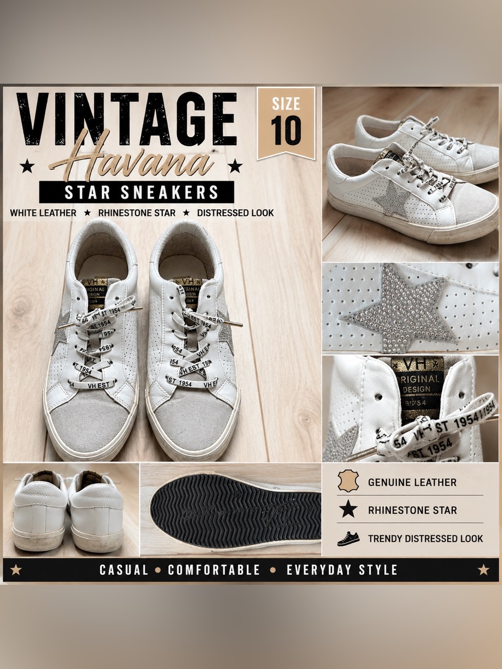 Vintage Havana White Leather Star Sneakers Low Top Rhinestone Size 10 Distressed